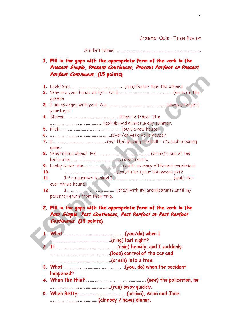 Grammar Review Test worksheet