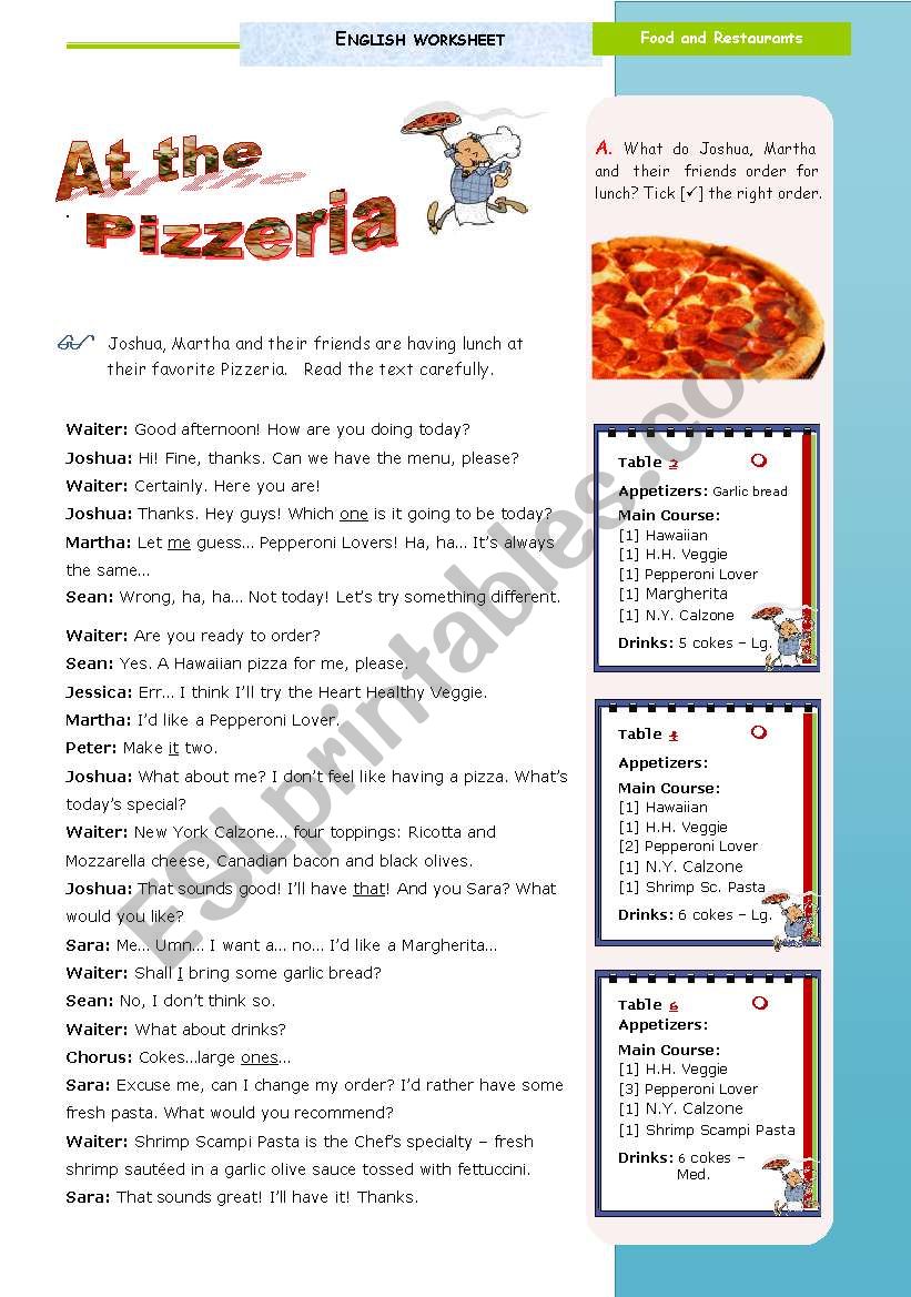 At the Pizzeria  - a 90-minute lesson of my Task  on Food and Restaurants