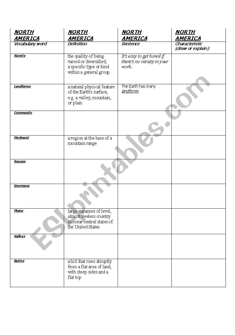 North America - Vocabulary worksheet
