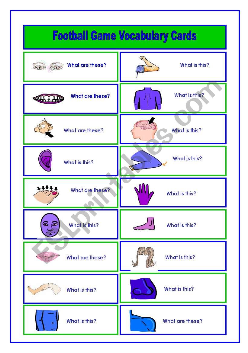 Football Soccer Game 5 6 Vocabulary Cards Body Parts And