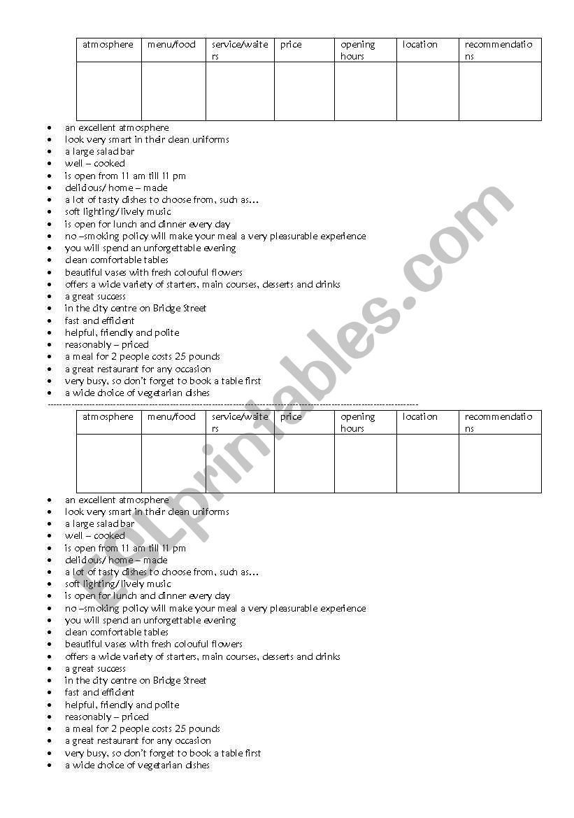 EATING OUT worksheet