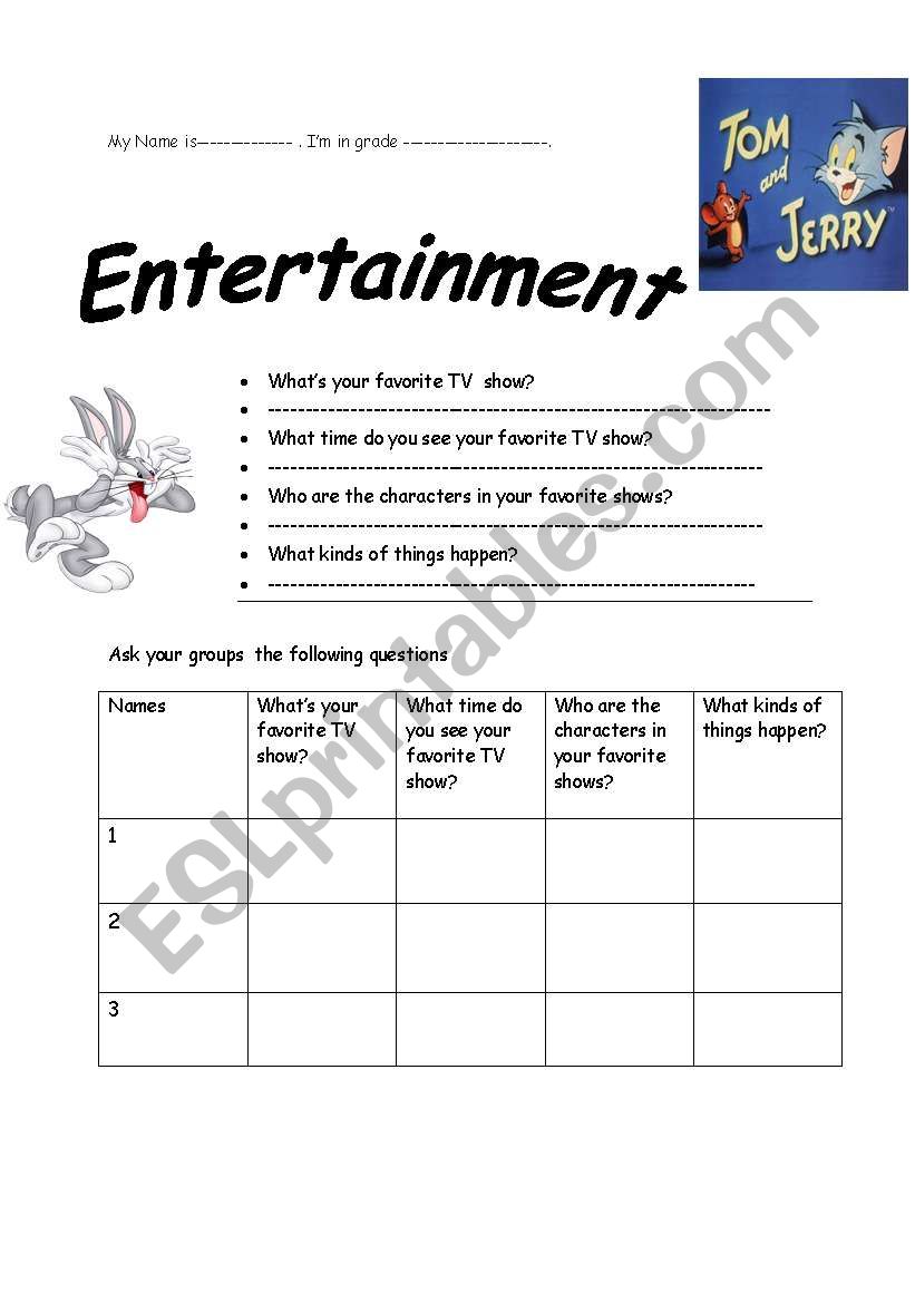 Entertainment and TV show worksheet