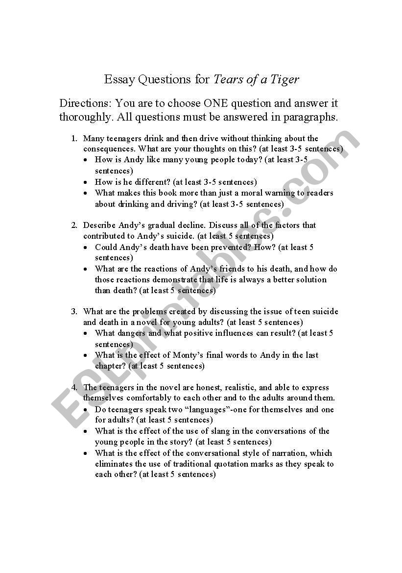 Tears of a Tiger Essay Questions