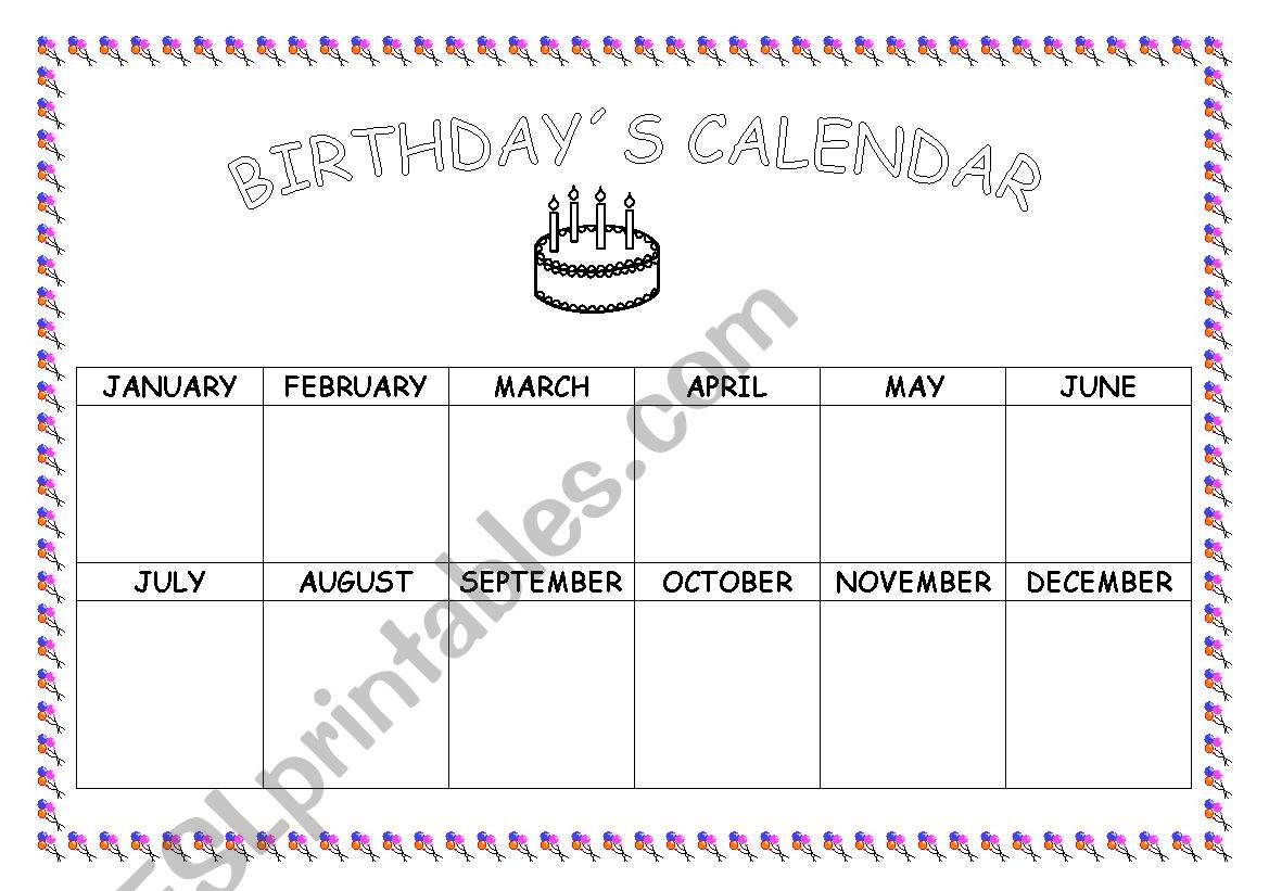 birthdays calendar worksheet