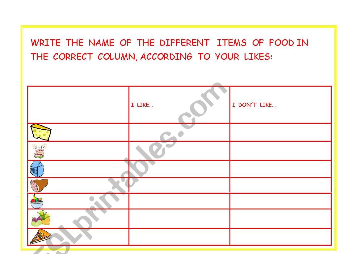 I LIKE- I DONT LIKE (FOOD) worksheet