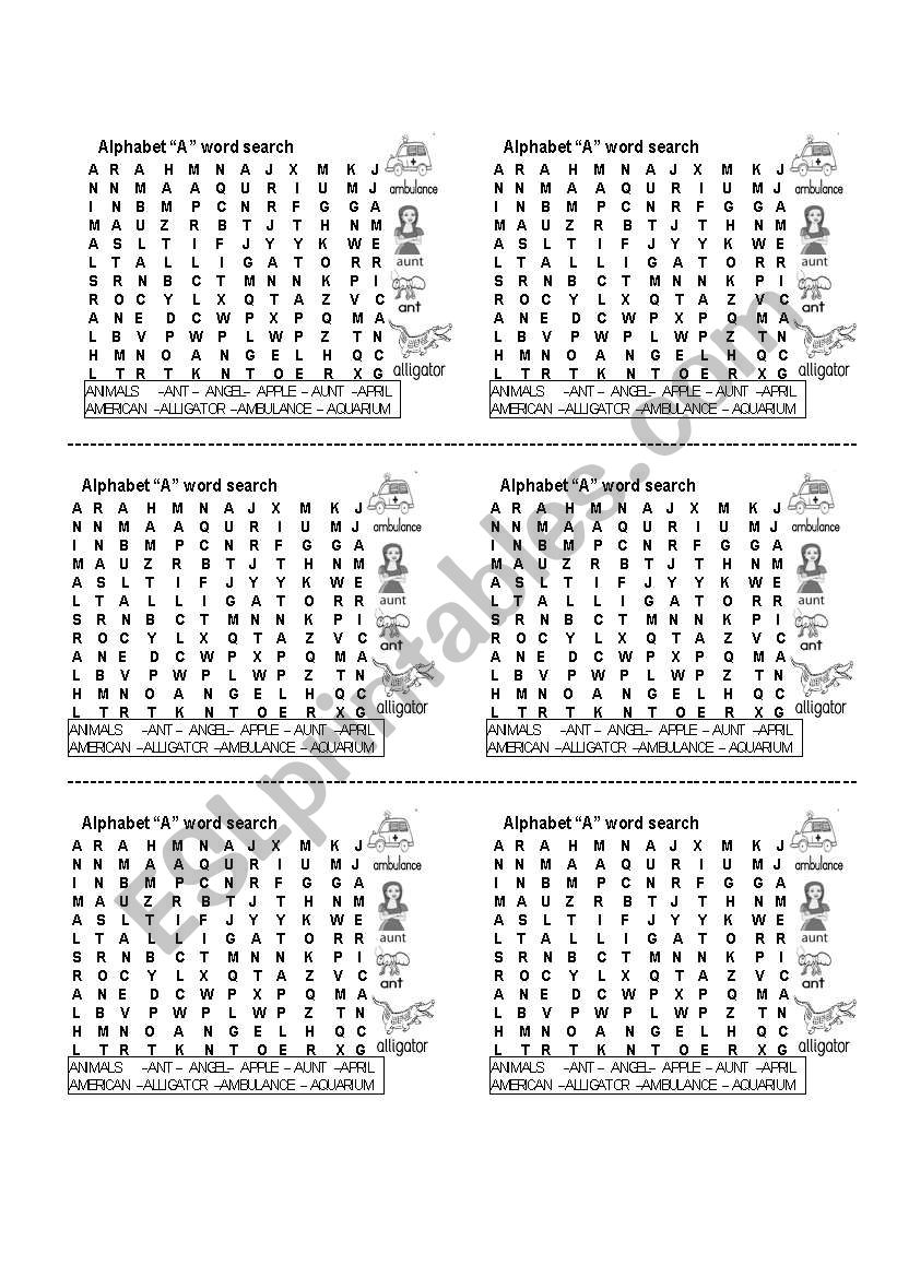 Alphabet word search letter A worksheet