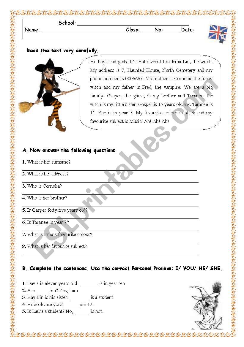 Reading Comprehension Test/Worksheet -Family