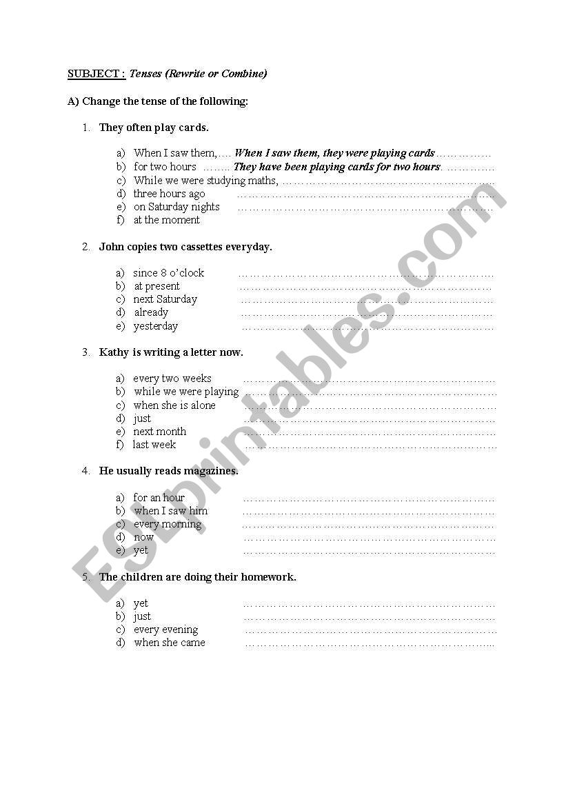 Tenses (Rewrite or Combine worksheet
