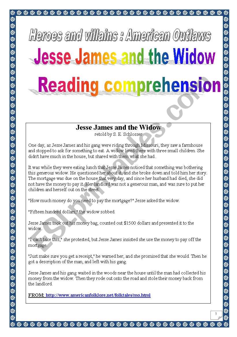 Project: Jesse James and the widow (reading comprehension, 12 pages)