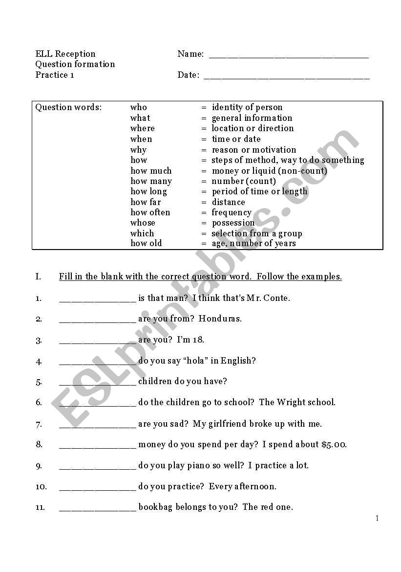 Question Words (1st of 3) worksheet