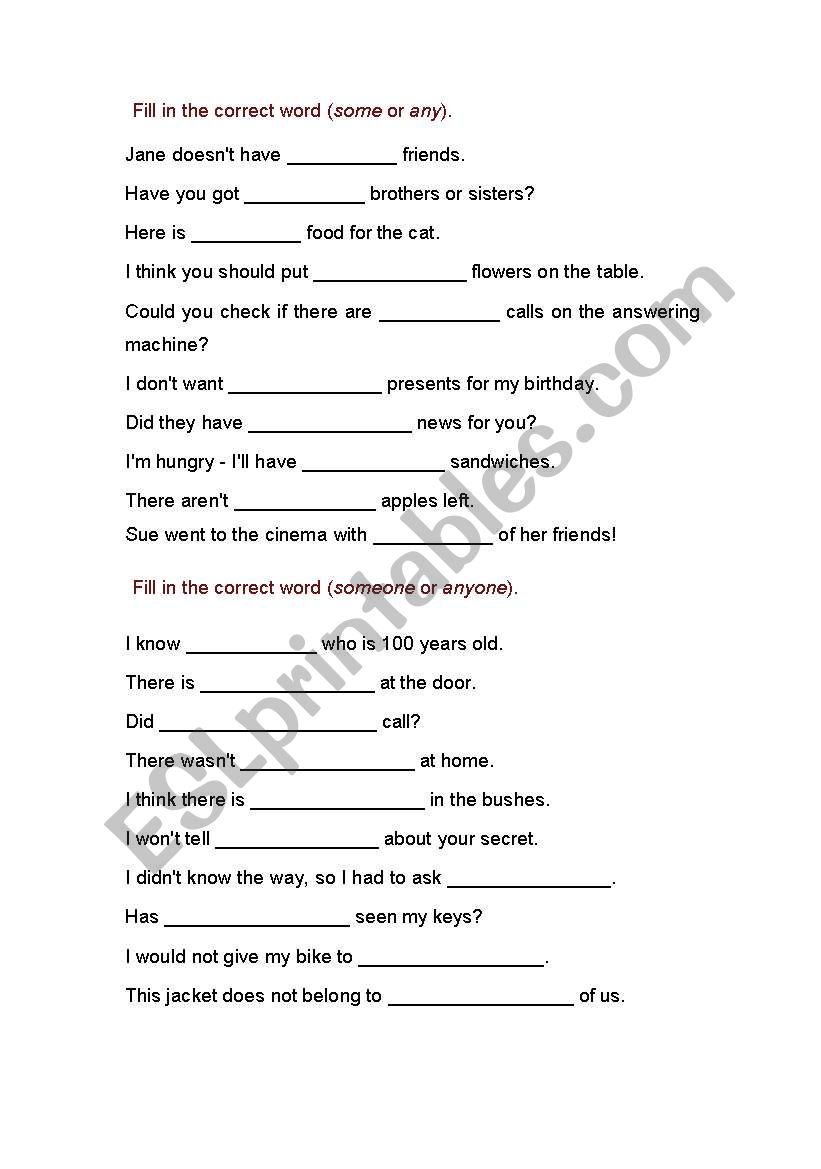 Some - Any - Exercises worksheet