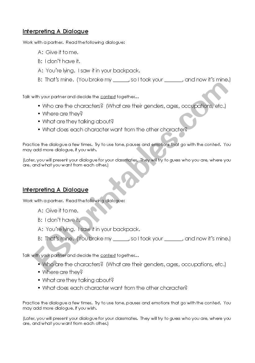 Interpreting a Dilaogue worksheet