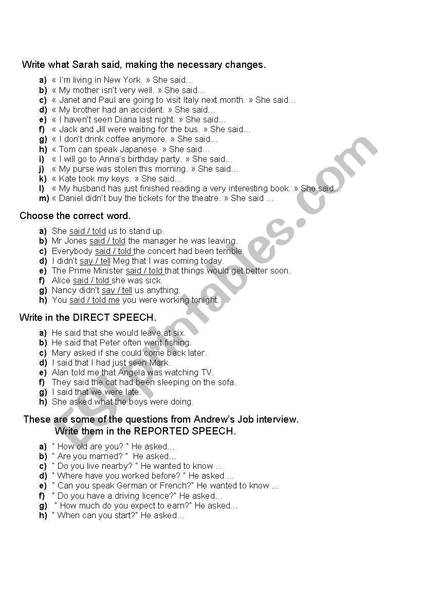 reported speech worksheet