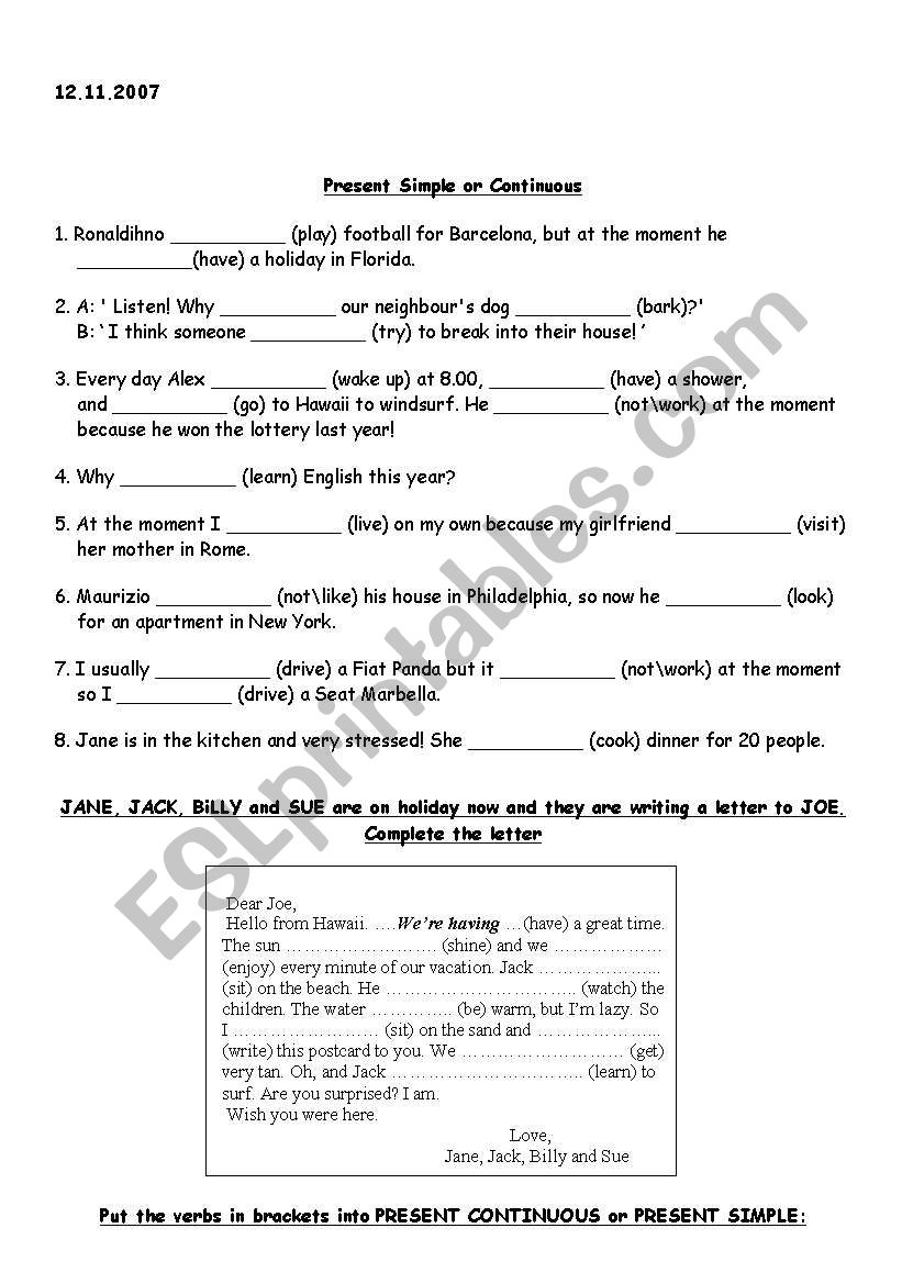 s.present&p.continous worksheet