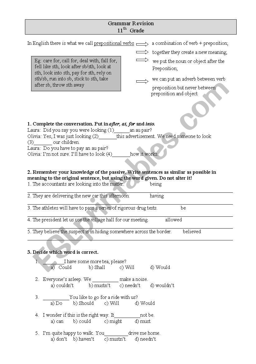 Grammar Revisions worksheet