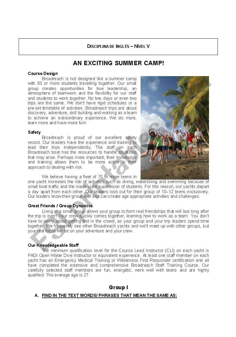 An exciting summer camp worksheet