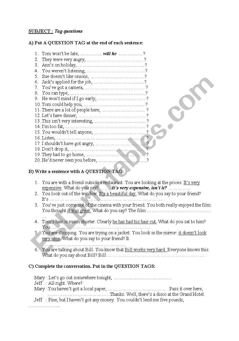 QUESTION TAG  worksheet