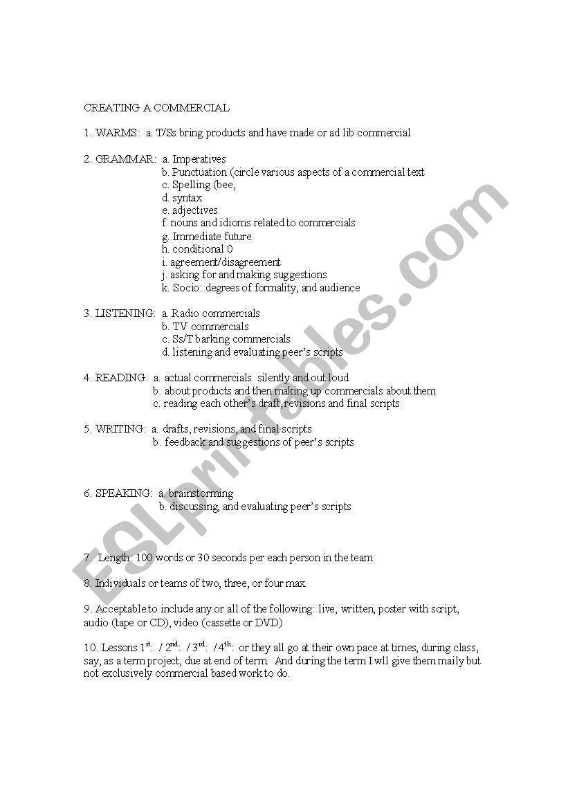 creating a commercial worksheet