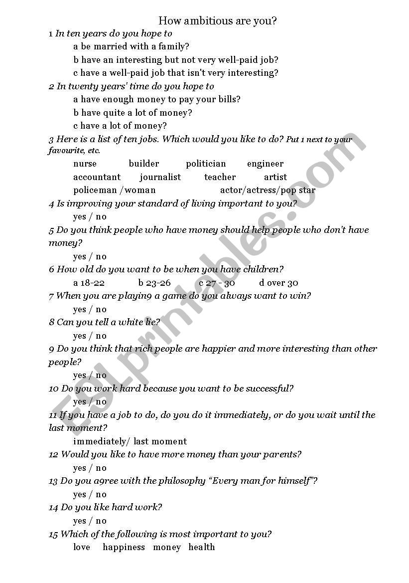 Quiz- How ambitious are you? worksheet