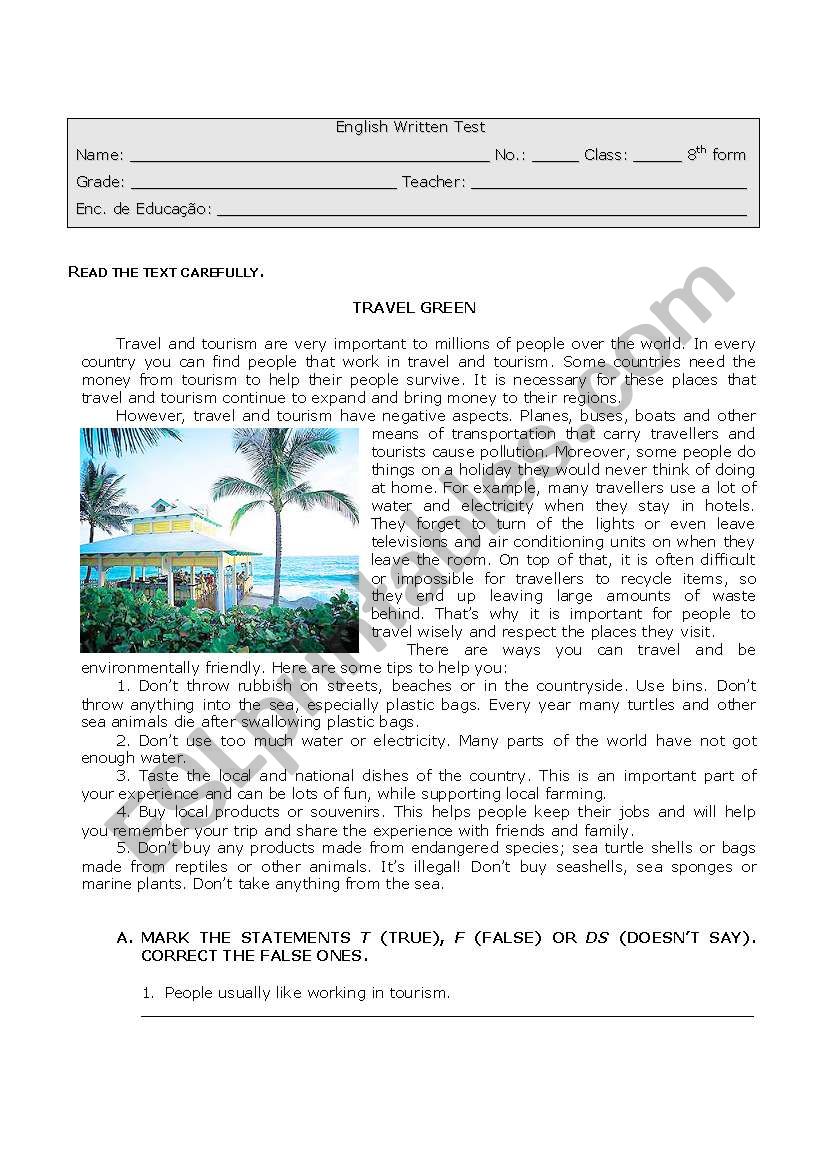 Tourism and the Environment worksheet