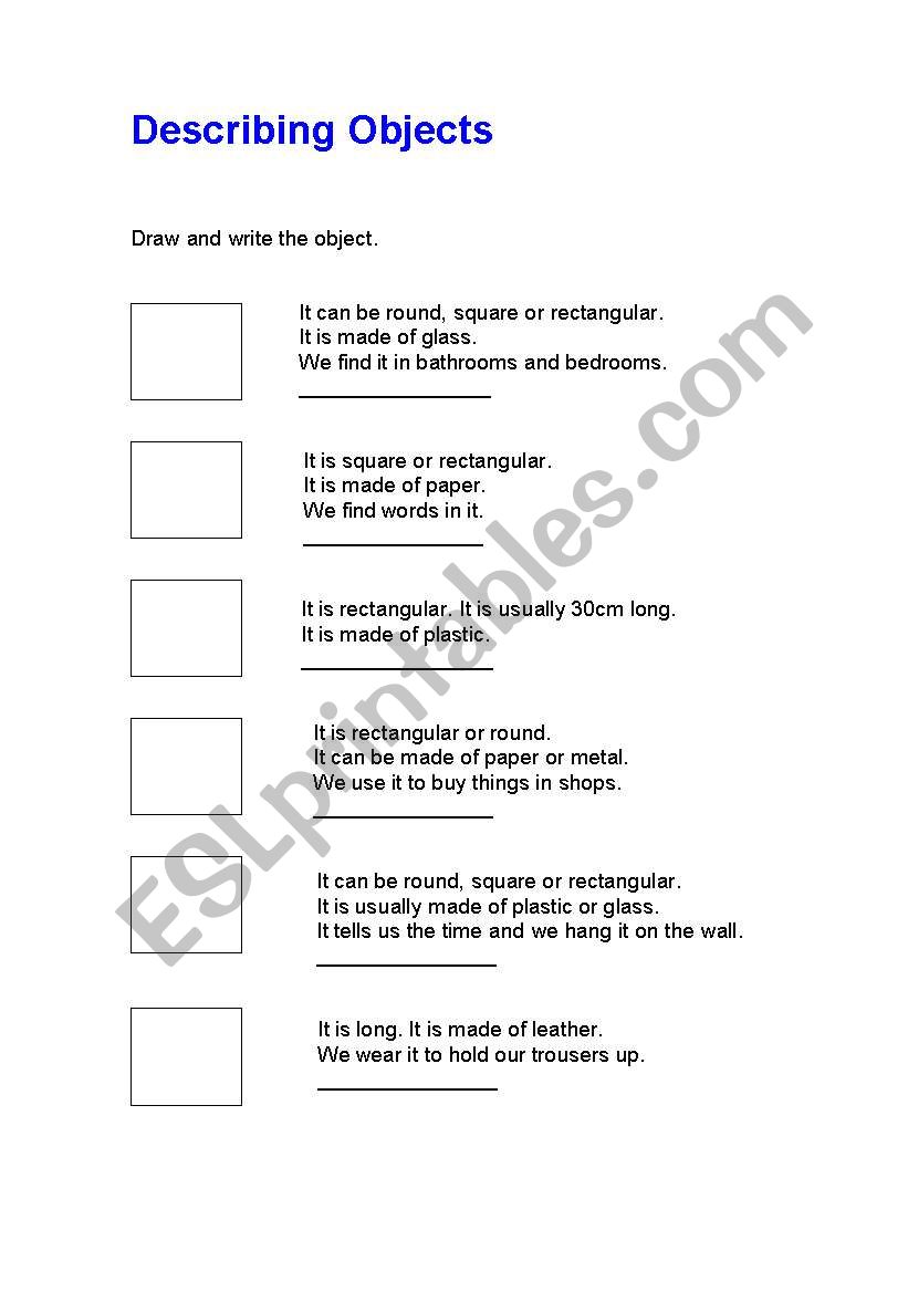 Describing objects2 worksheet