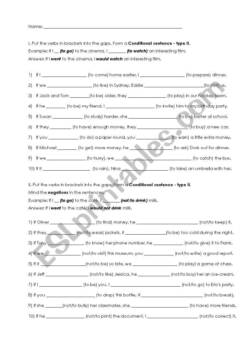 Conitionals Type 2  worksheet