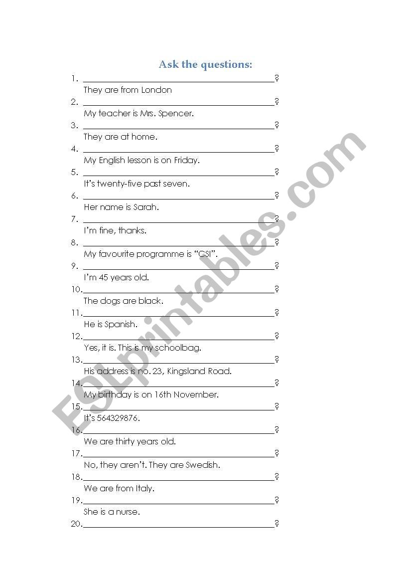 QUESTIONS worksheet