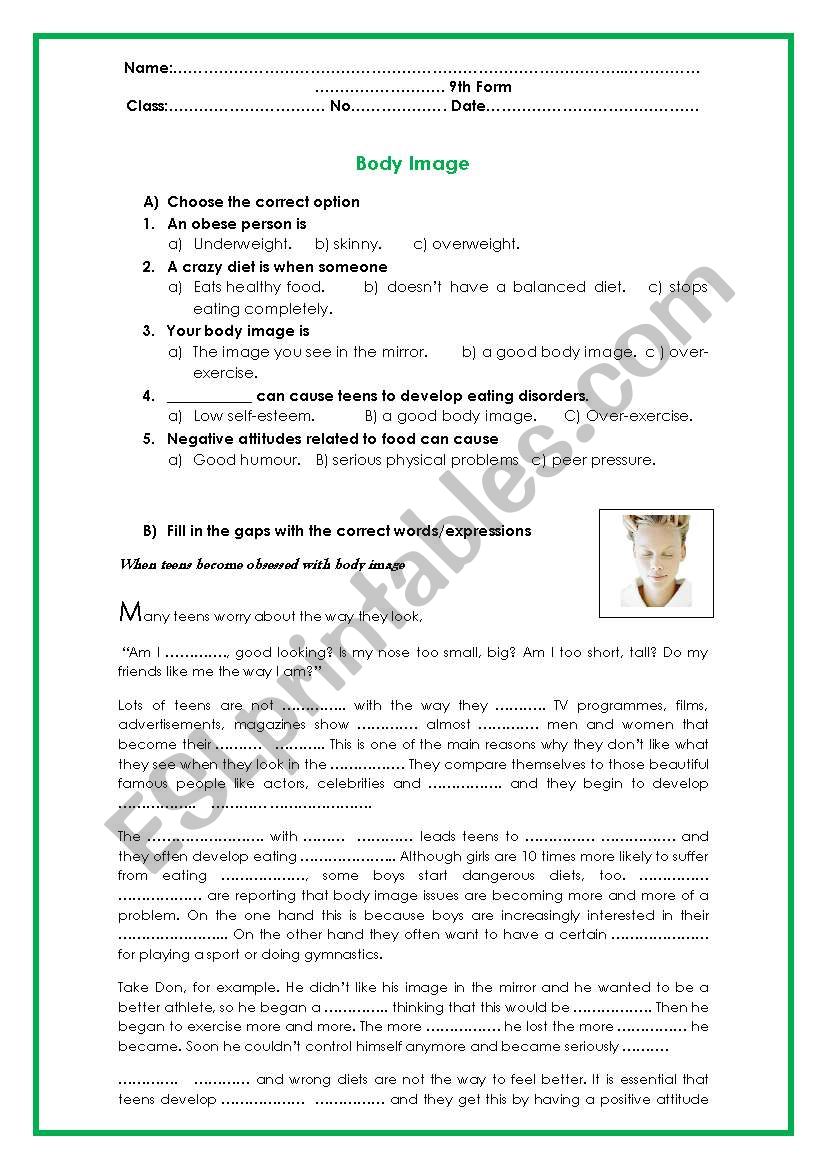 Body Image Worksheet worksheet