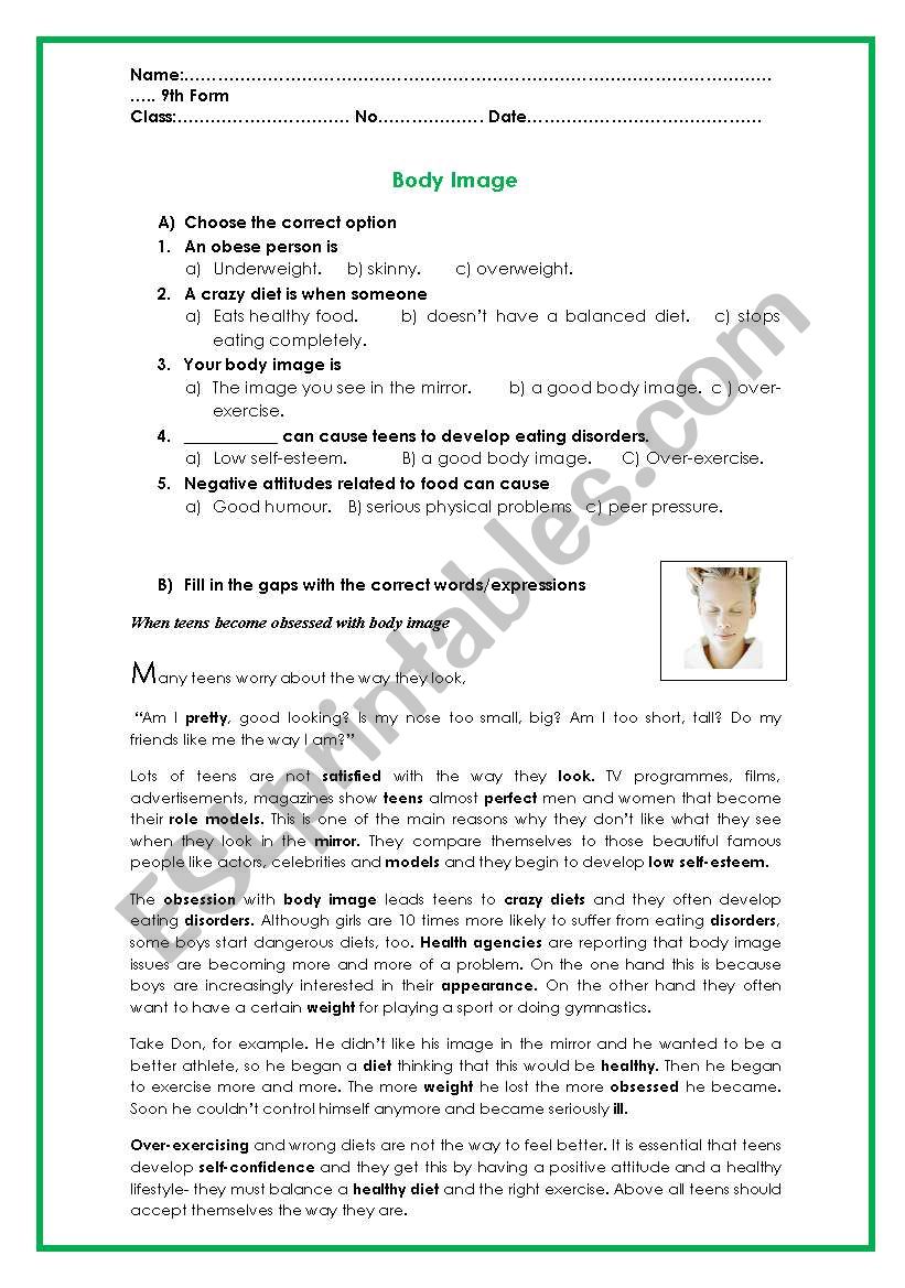Body Image- Answer Key worksheet
