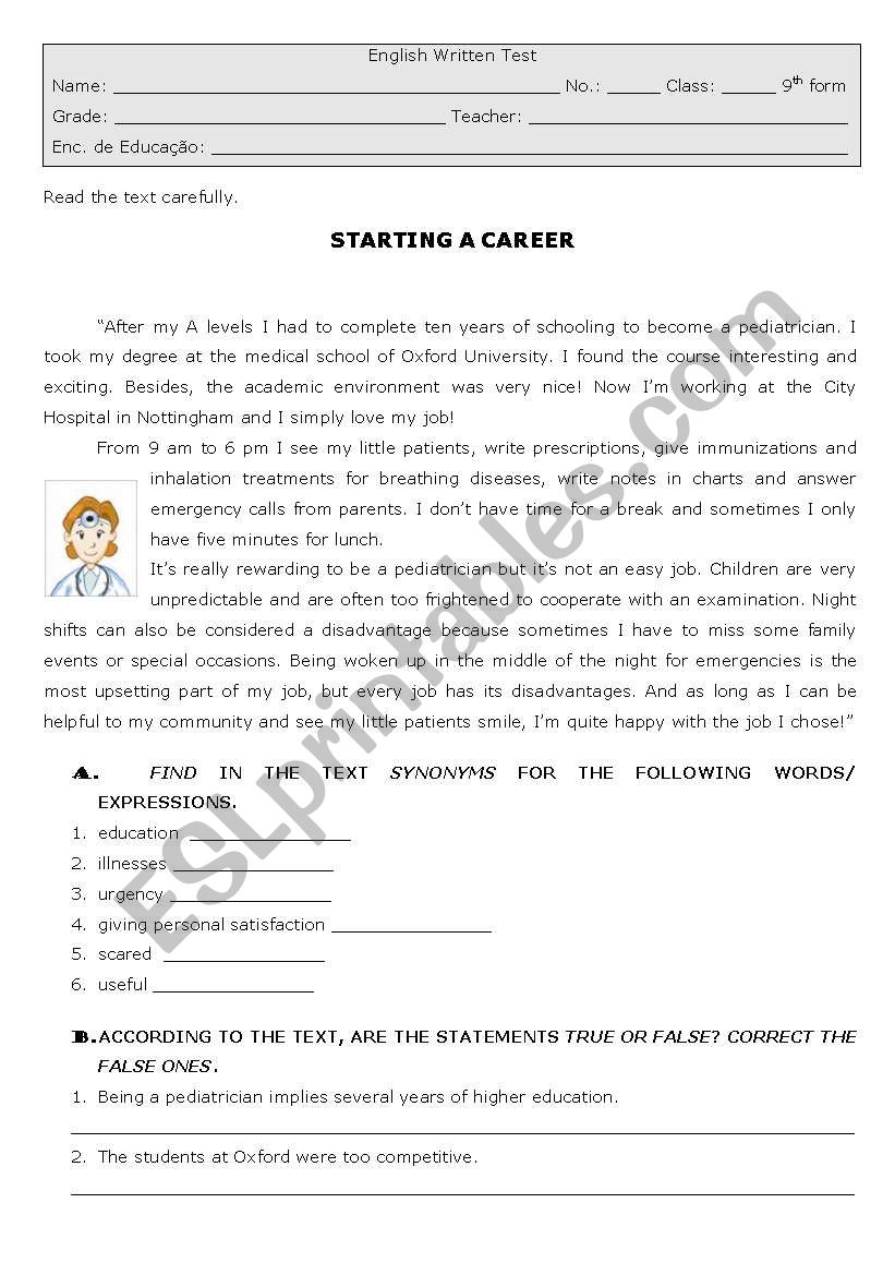 Starting a career worksheet