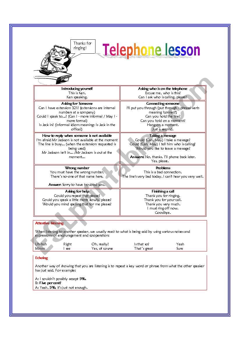 Telephone lesson worksheet