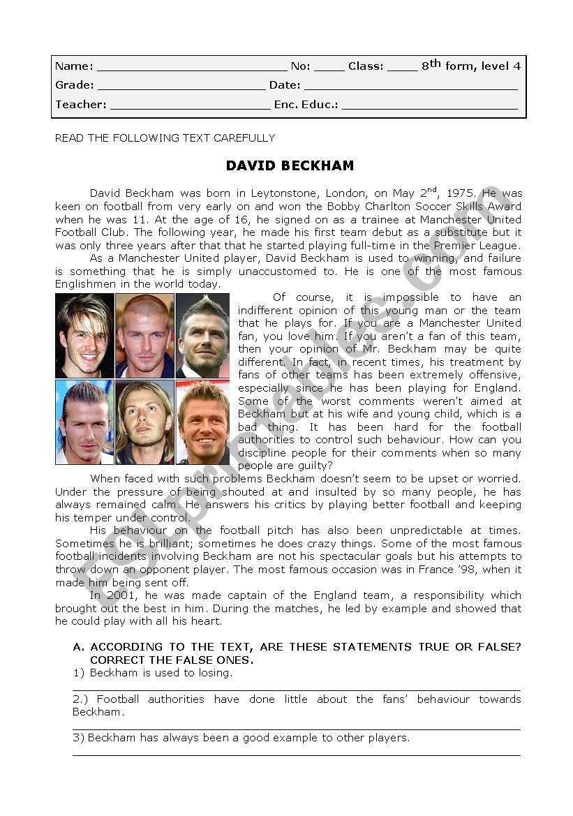 David Beckham worksheet