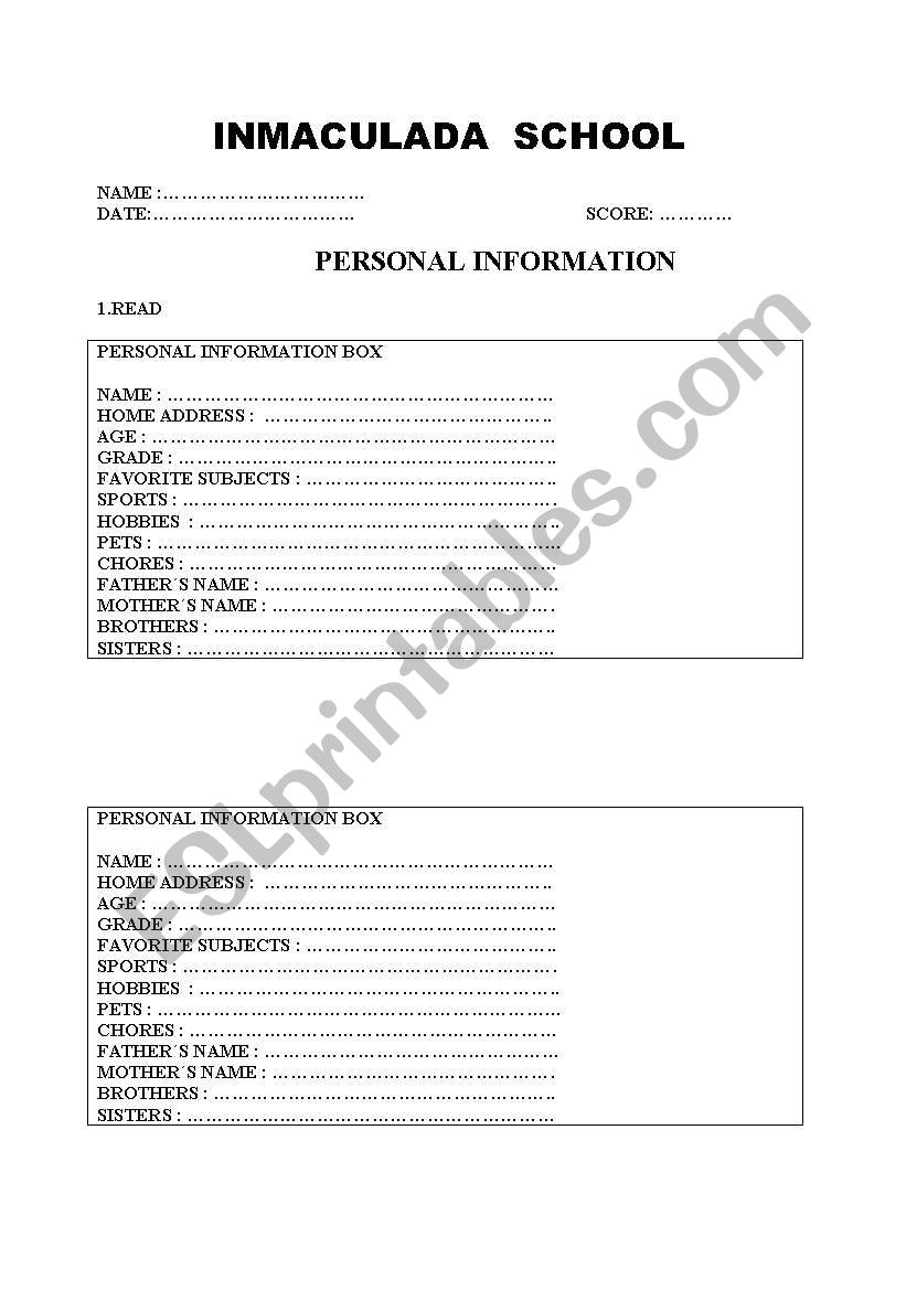personal information worksheet