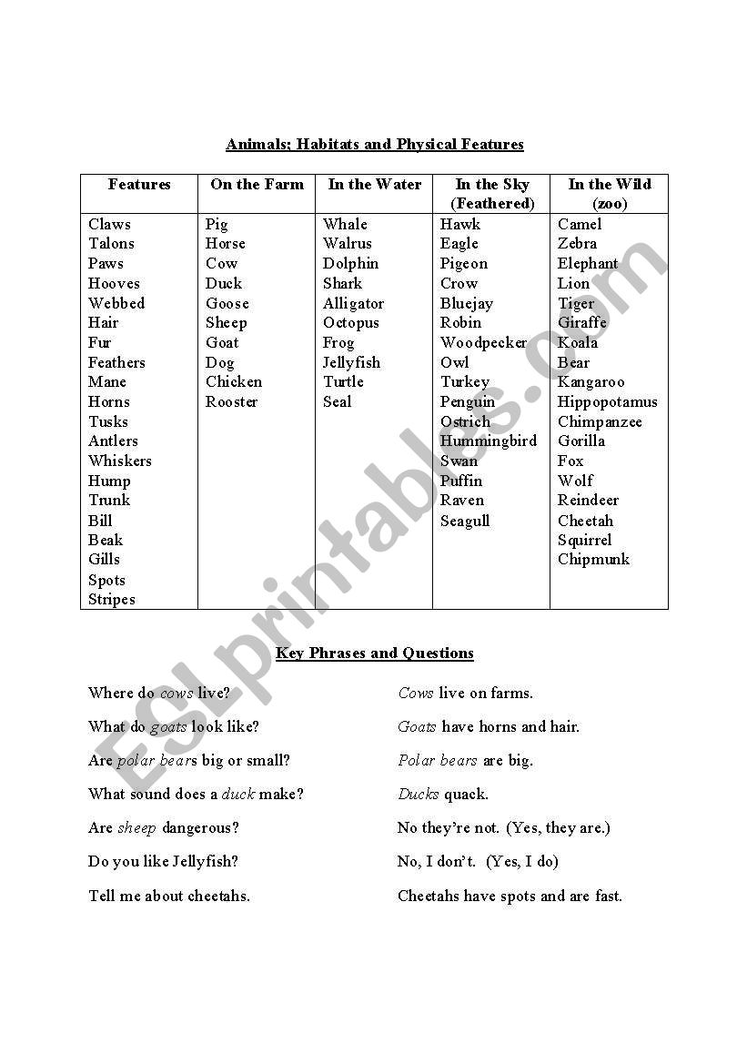 Animal Habitats and Features worksheet