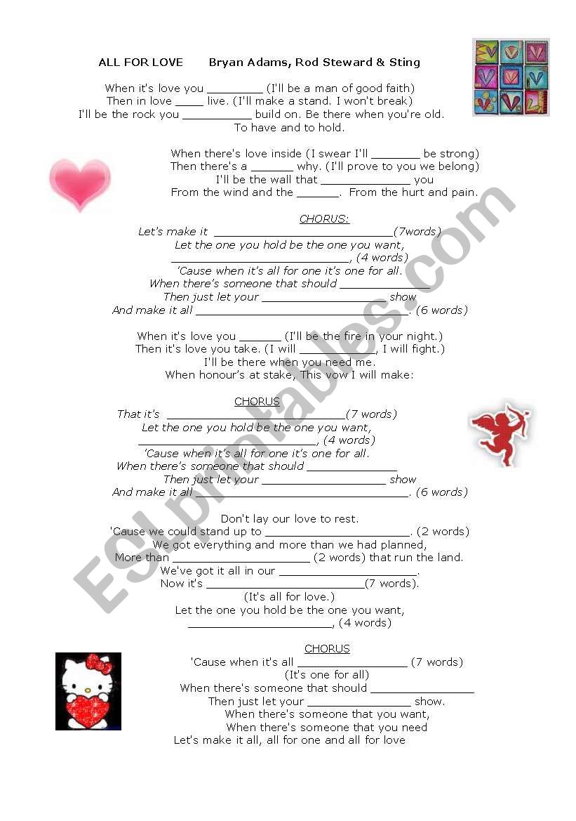 All for love by Bryan Adams worksheet