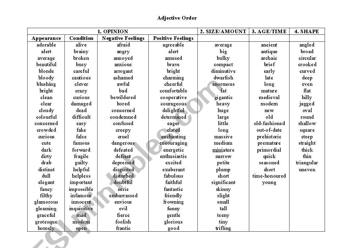 Adjectives in Order worksheet