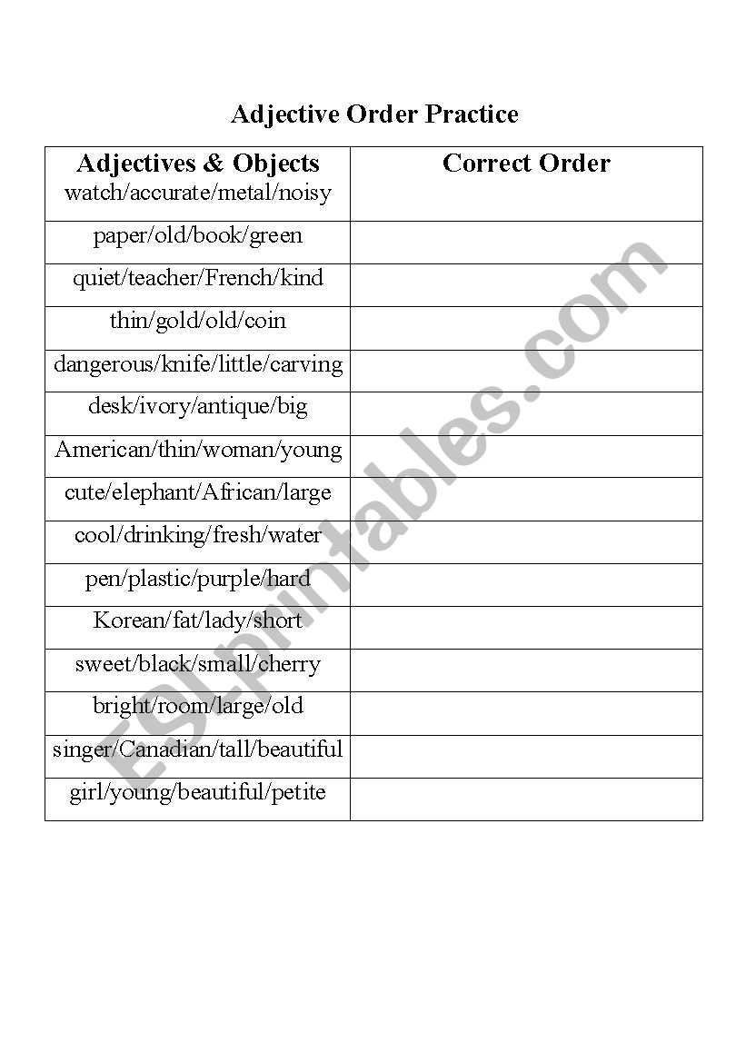 Adjective Order Practice worksheet