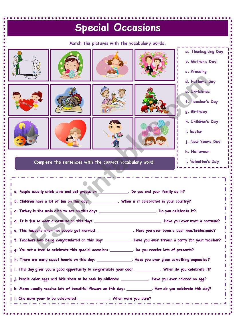 SPECIAL OCCASIONS! worksheet
