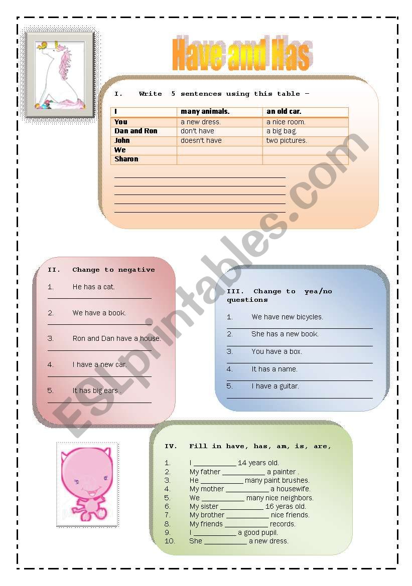 Have and Has worksheet