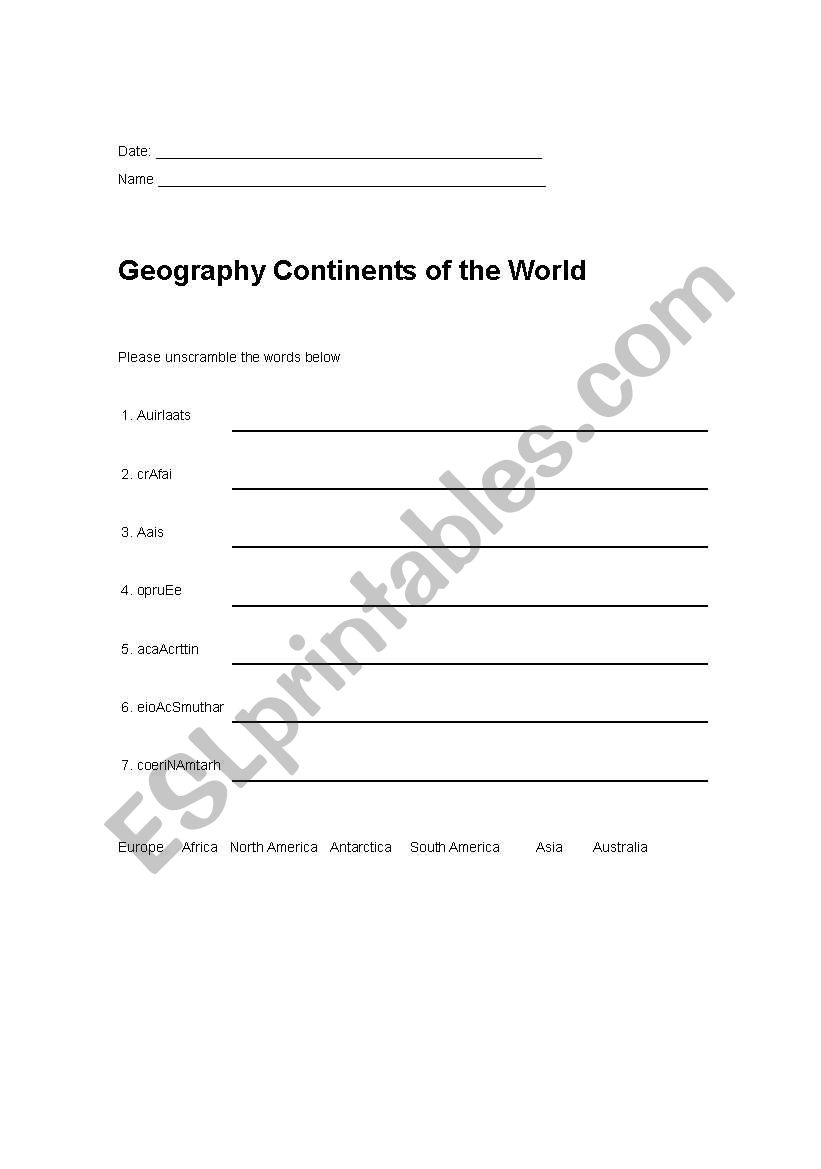 Continets word Scramble worksheet