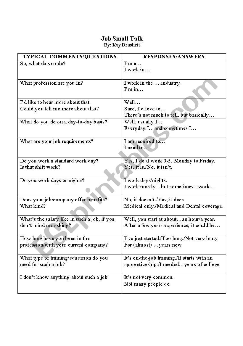 Job Small Talk worksheet