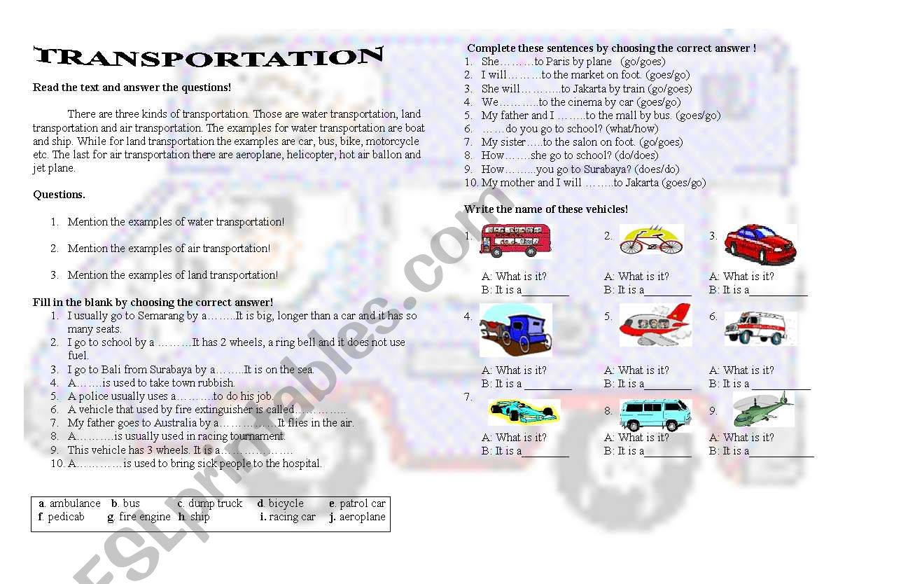 Transportation worksheet