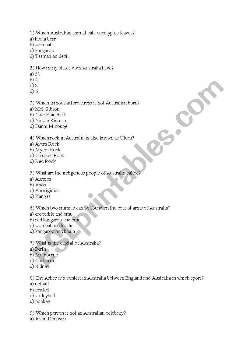 Australia quiz worksheet