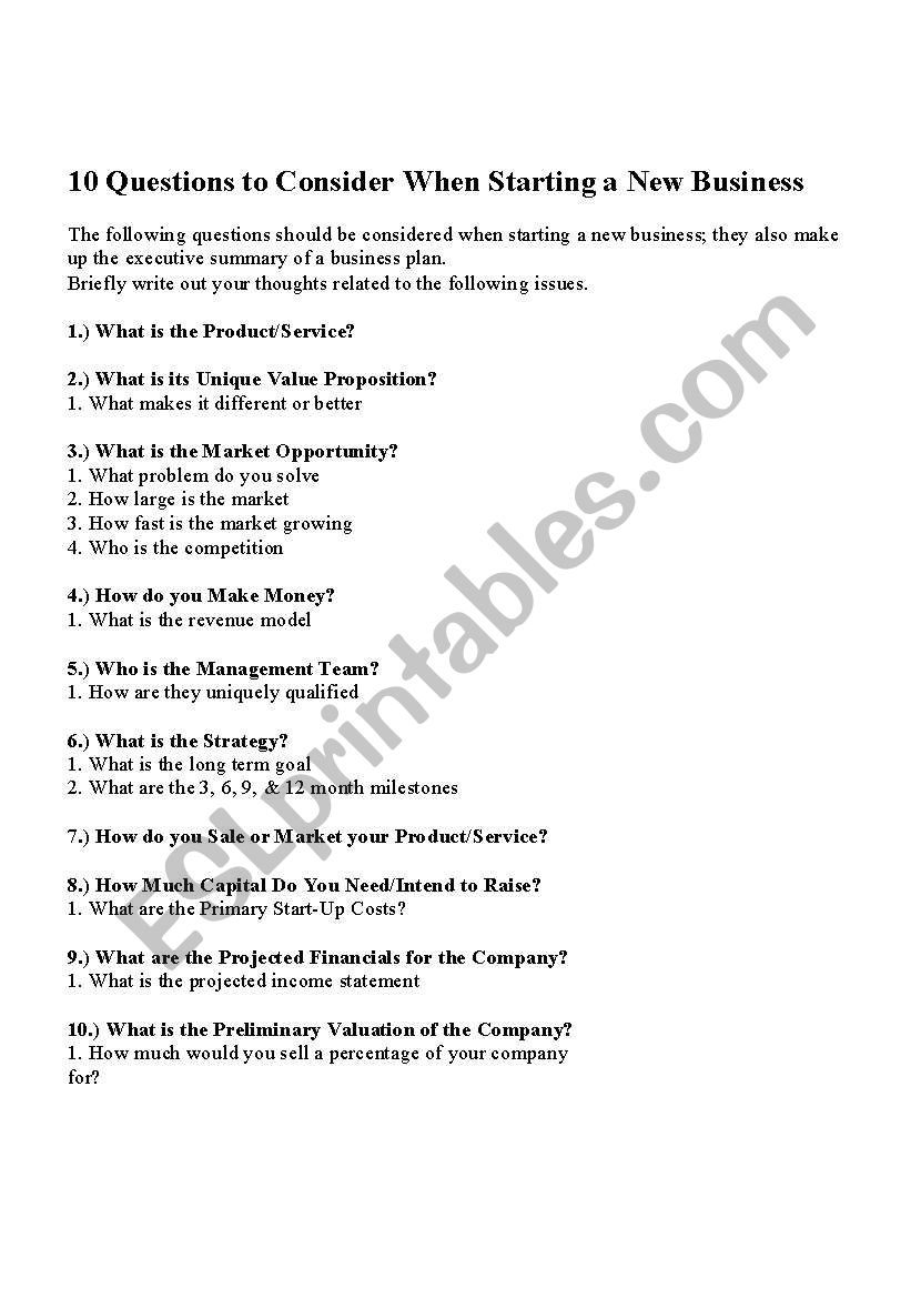 English worksheets 10 questions to consider when starting a new business