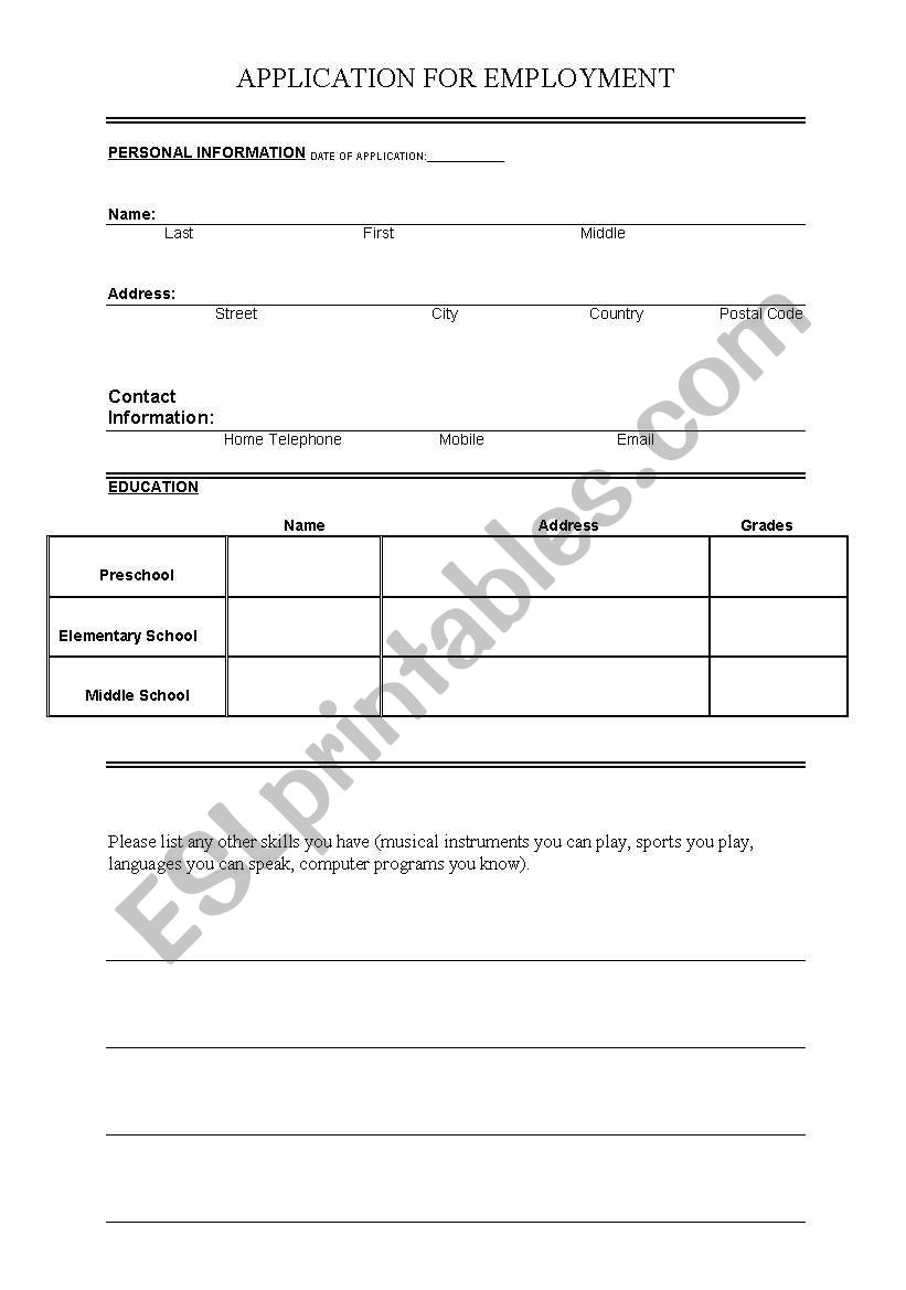 Application for Employment worksheet