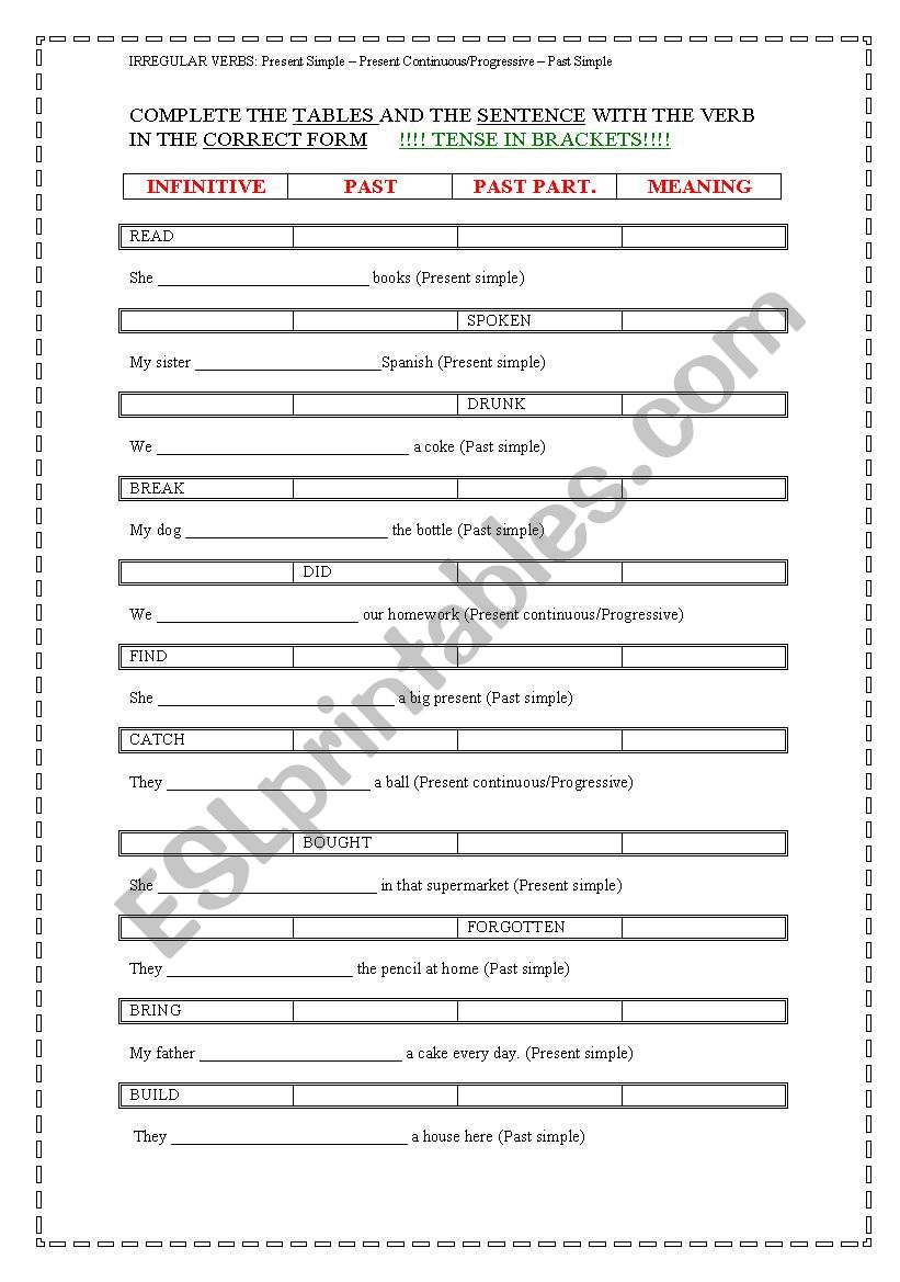 Irregular Verbs worksheet