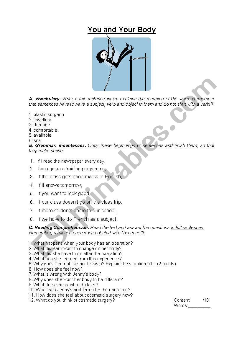 you and your body- test with reading comprehension