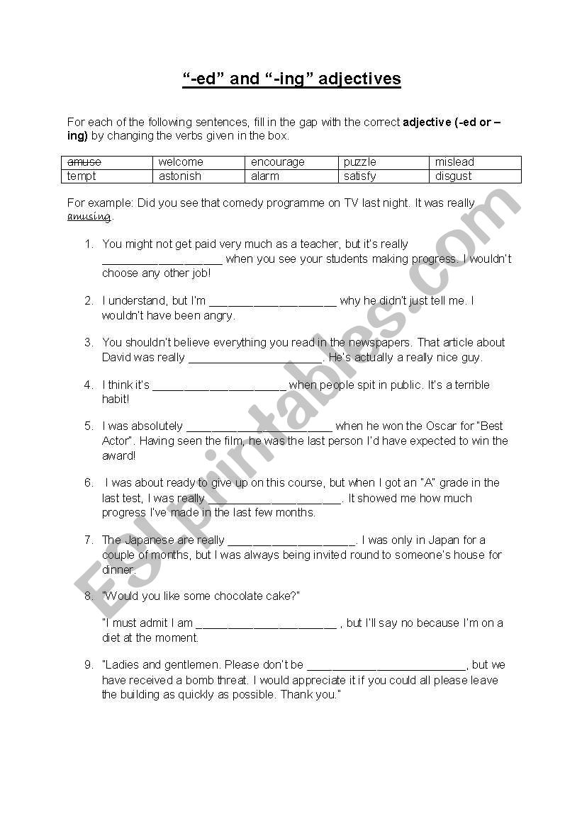 -ed and -ing adjectives worksheet