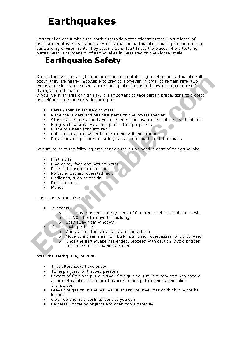 Natural Disasters & safety worksheet