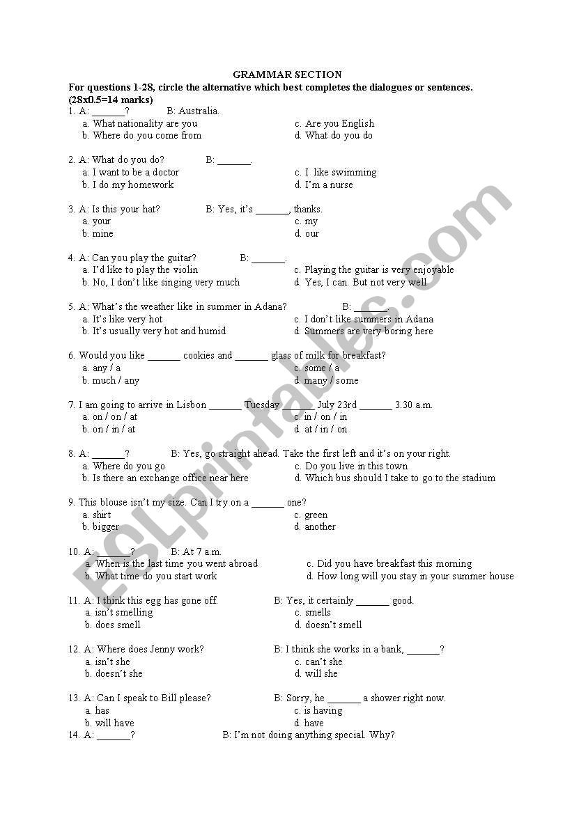 28 grammar questions worksheet